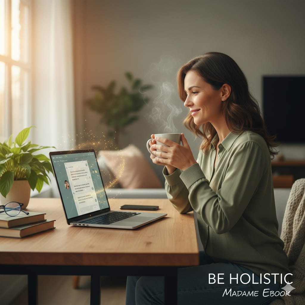 Femme souriante et apaisée, buvant une boisson chaude, utilisant son ordinateur portable avec une interface d'écriture thérapeutique assistée par IA pour libérer sa charge mentale.