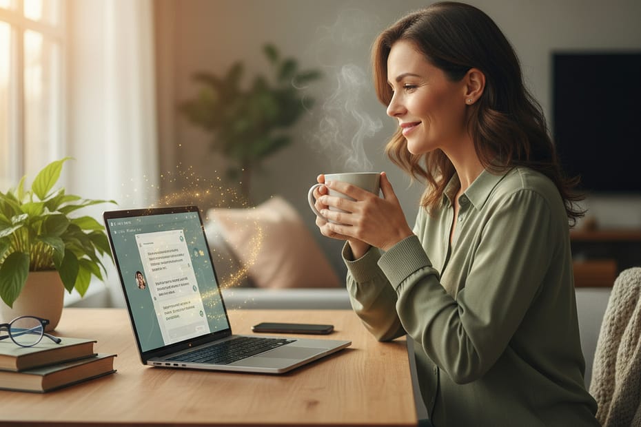 Femme souriante et apaisée, buvant une boisson chaude, utilisant son ordinateur portable avec une interface d'écriture thérapeutique assistée par IA pour libérer sa charge mentale.